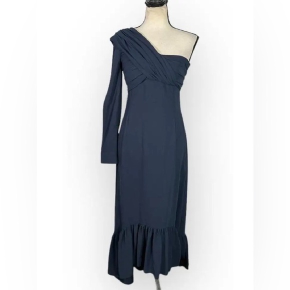 Rokh One Shoulder Knot Dress Women's 36 Navy Blue Crepe Midi Ruffle US size 6. - Picture 3 of 12